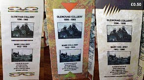 GLENCRAIG AND MARY COLLIERIES TRIFOLD BROCHURE Features: Glencraig Nos. 1, 2 pits' Mary Nos. 1,2 pits; William Telfer, Wilsons & Clyde Coal Company; Charles Carlow, Fife Coal Company; pits in the Benarty area; site of Glencraig Colliery; Mary No. 1 pit; map of pit locations; Glencraig House; The Happy Lands film; checks from the Mary and Glencraig pits; Chapel Farm and the burning bing; Clune Terrace and the Glencraig Colliery bings; Glencraig village; the monuments at Lochore Meadows Park; end of mining image.